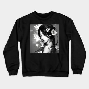 Beaux Animes Art Girl with flowers in black and white Design Crewneck Sweatshirt